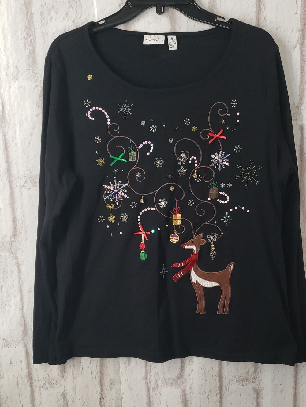 Kim Rogers Black Long-Sleeve Holiday Reindeer Tee with Embellishments. XLarge.